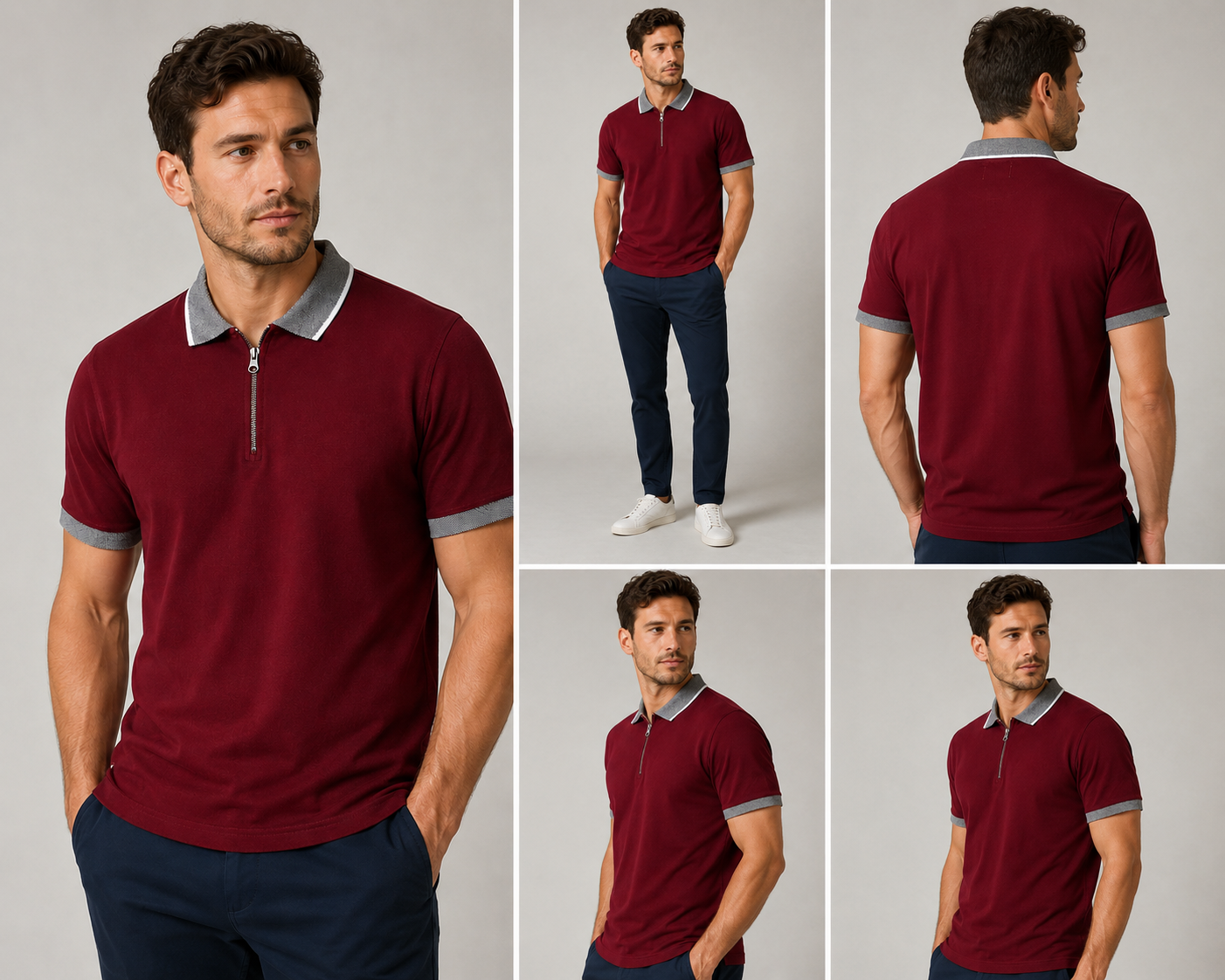 Men’s burgundy zip polo shirt with grey contrast collar and sleeve trim, short sleeve smart casual fitted polo for men