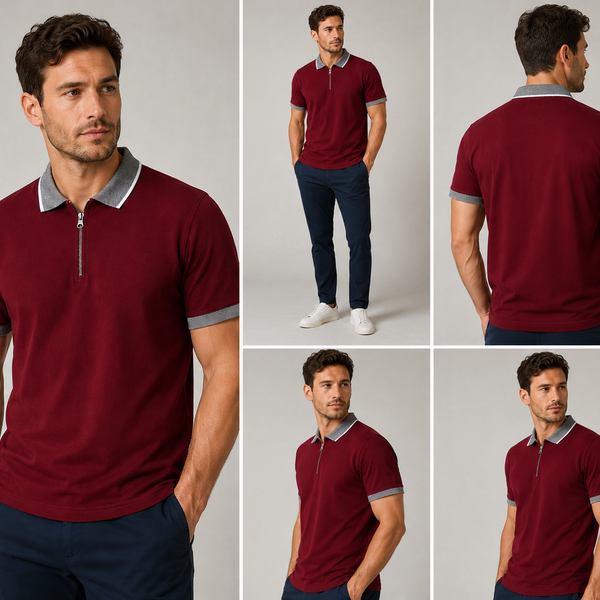 Men’s MX Contrast Collar Zip Polo (Burgundy)