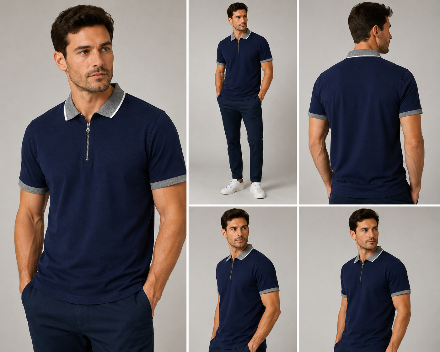 Men’s navy blue zip polo shirt with grey contrast collar and sleeve trim, modern smart casual short sleeve polo top