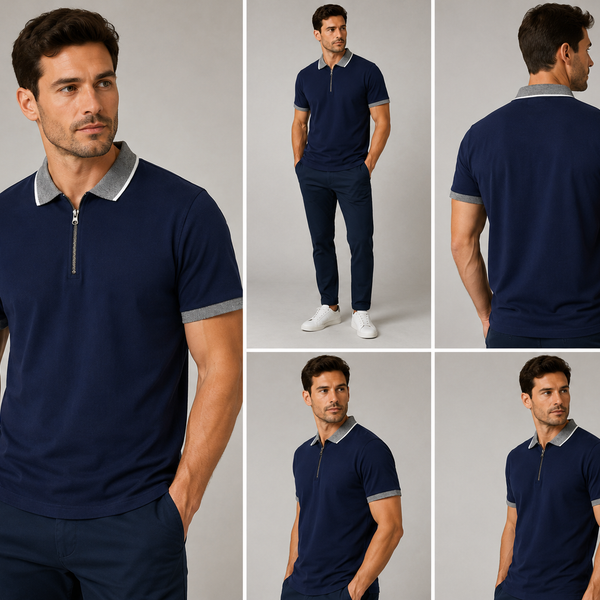 Men’s MX Contrast Collar Zip Polo (Navy)