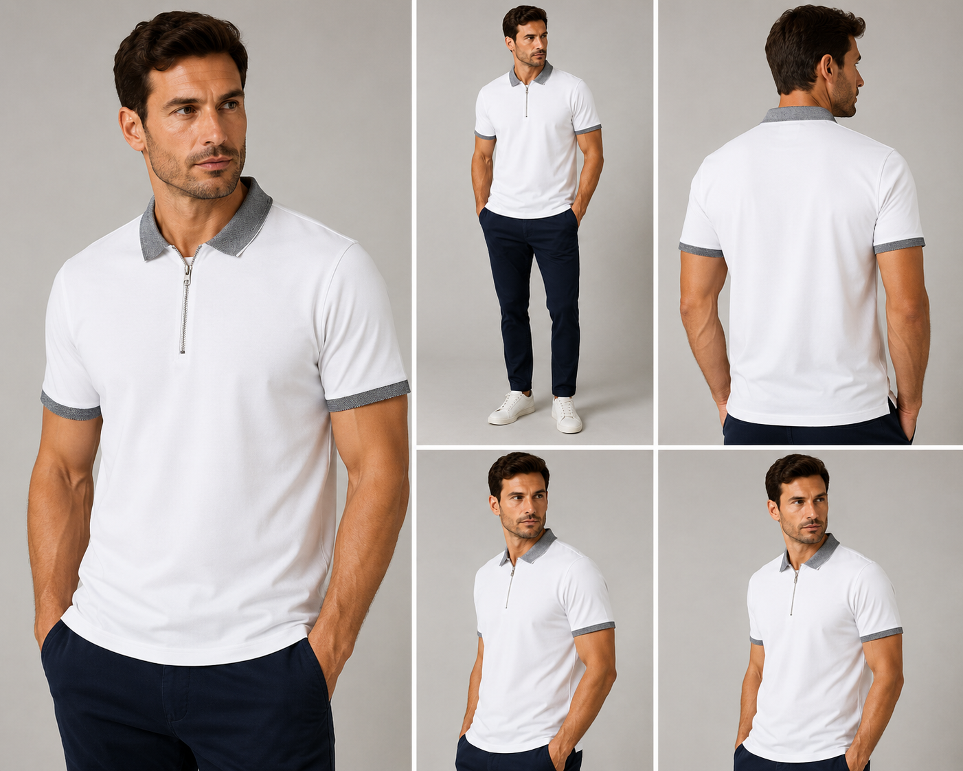 Men’s white zip polo shirt with grey contrast collar and sleeve trim, stylish fitted short sleeve smart casual polo for men