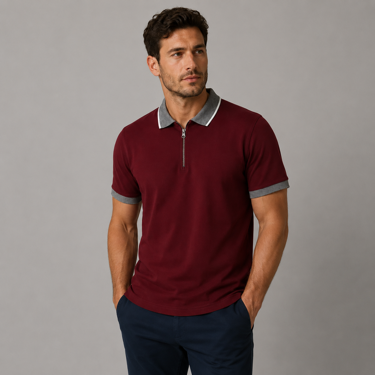 Men’s burgundy zip polo shirt with grey contrast collar and sleeve trim, short sleeve smart casual fitted polo for men