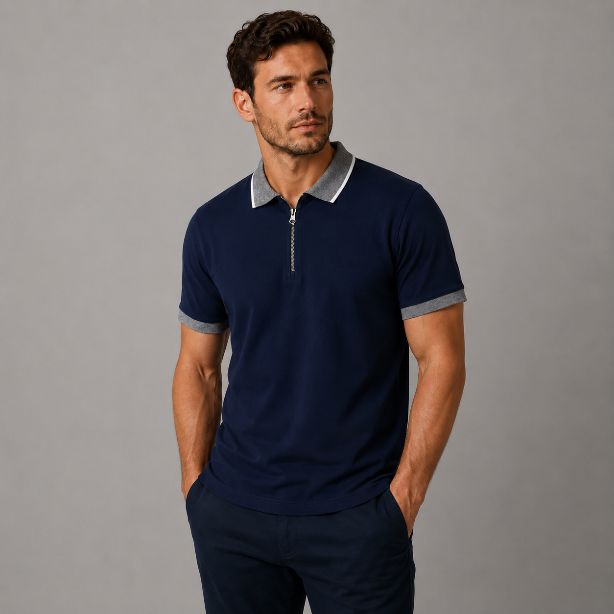 Men’s navy blue zip polo shirt with grey contrast collar and sleeve trim, modern smart casual short sleeve polo top