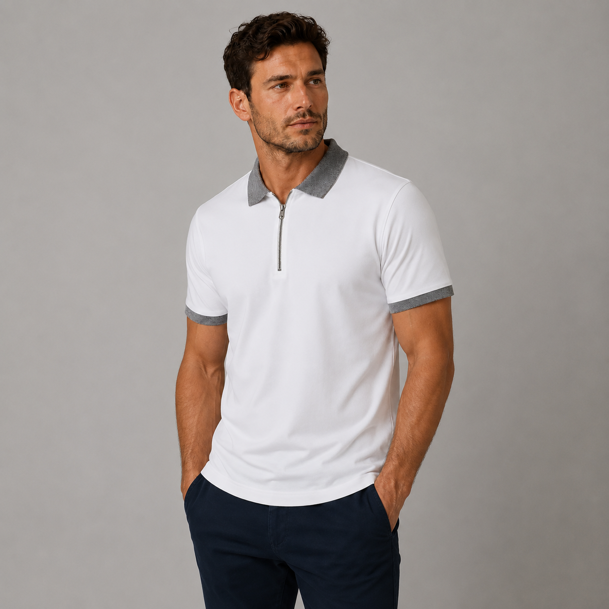 Men’s white zip polo shirt with grey contrast collar and sleeve trim, stylish fitted short sleeve smart casual polo for men