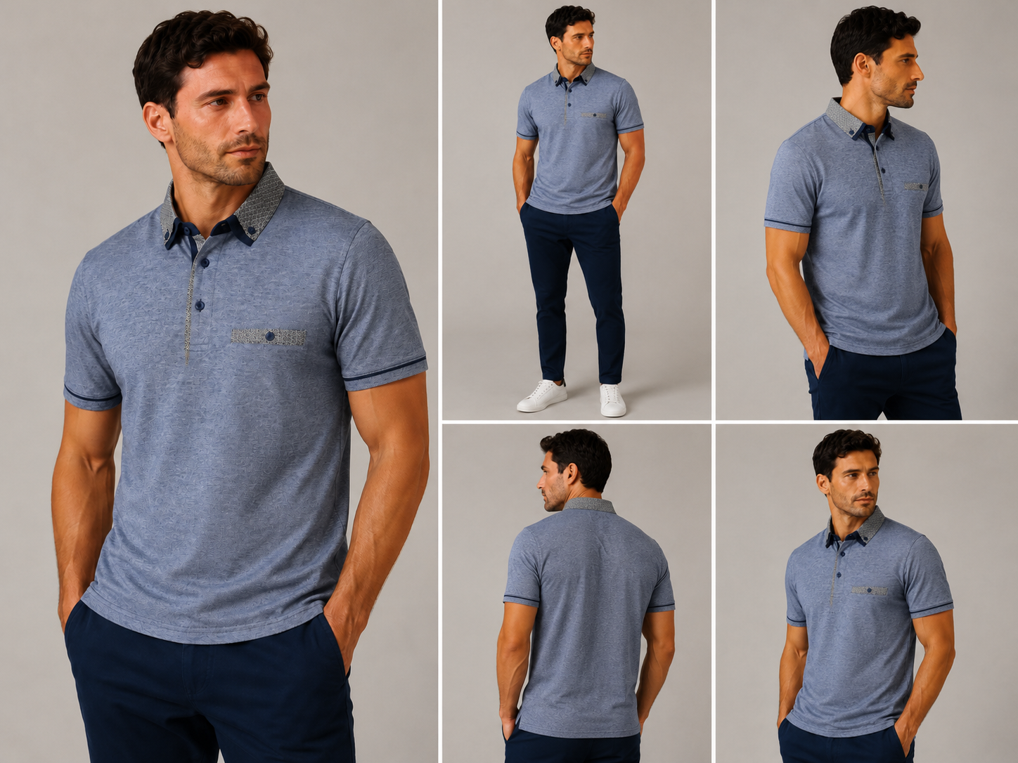 Men’s blue marl polo shirt with patterned contrast collar and chest pocket detail, smart casual short sleeve designer polo