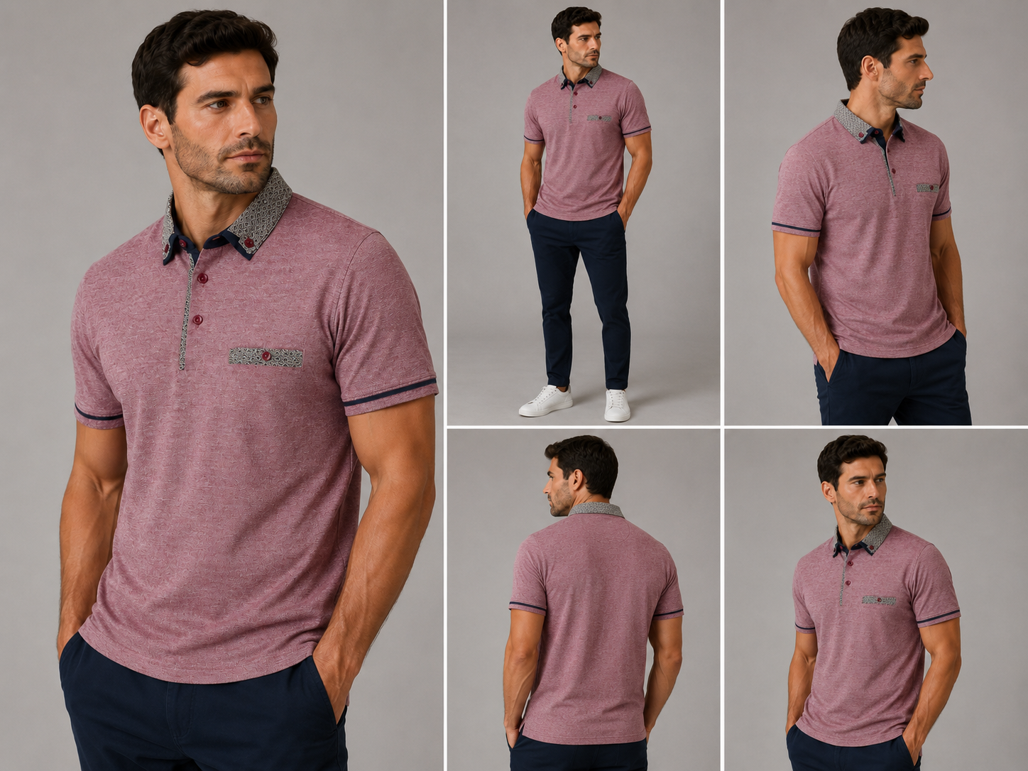 Men’s burgundy marl polo shirt with patterned collar and pocket trim, stylish fitted smart casual polo for men
