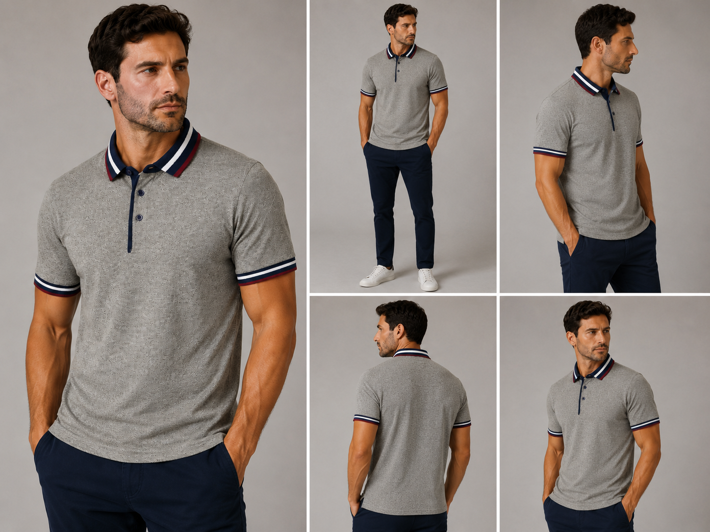 Men’s grey marl polo shirt with striped contrast collar and sleeve trim, modern short sleeve smart casual men’s polo