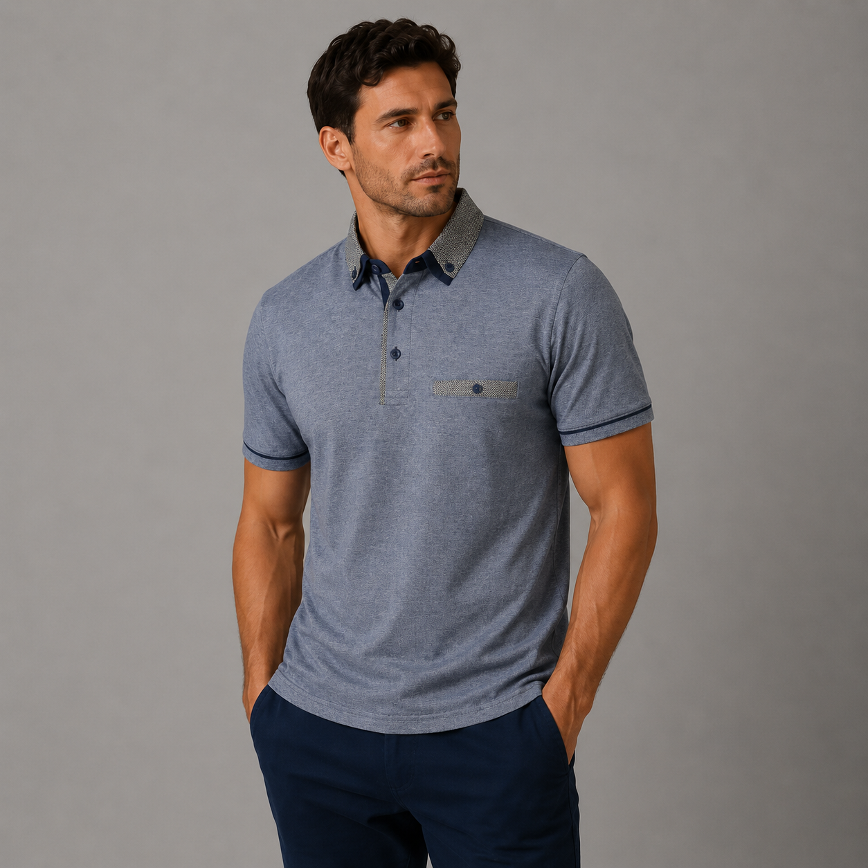 Men’s blue marl polo shirt with patterned contrast collar and chest pocket detail, smart casual short sleeve designer polo