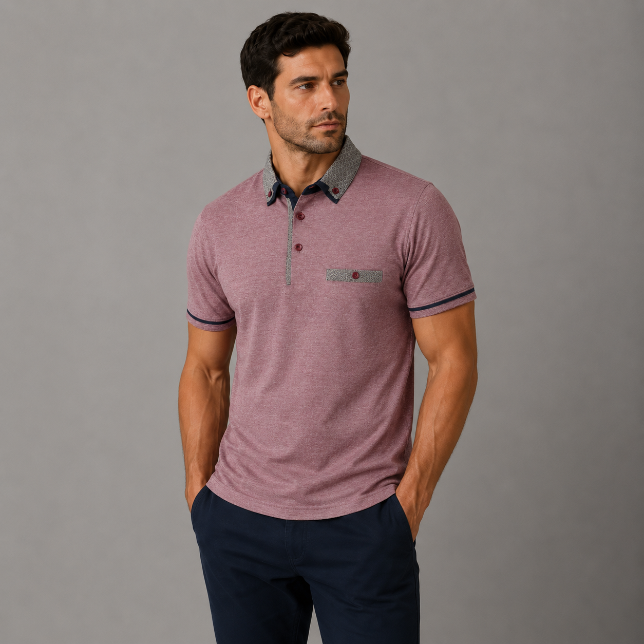 Men’s burgundy marl polo shirt with patterned collar and pocket trim, stylish fitted smart casual polo for men