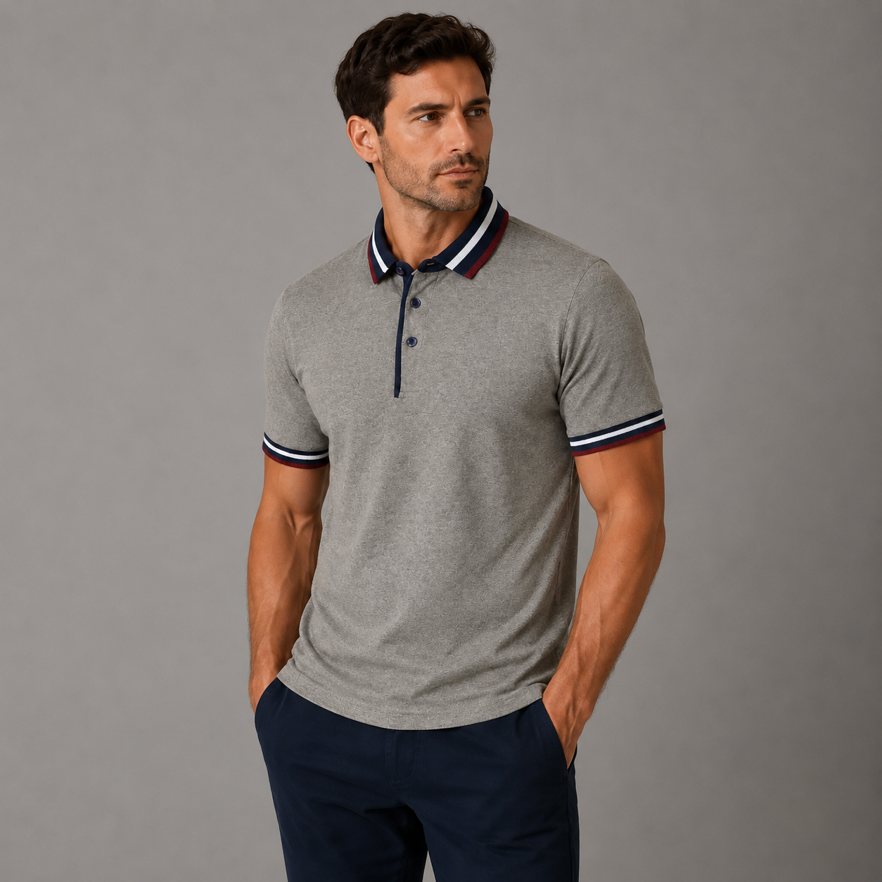 Men’s grey marl polo shirt with striped contrast collar and sleeve trim, modern short sleeve smart casual men’s polo