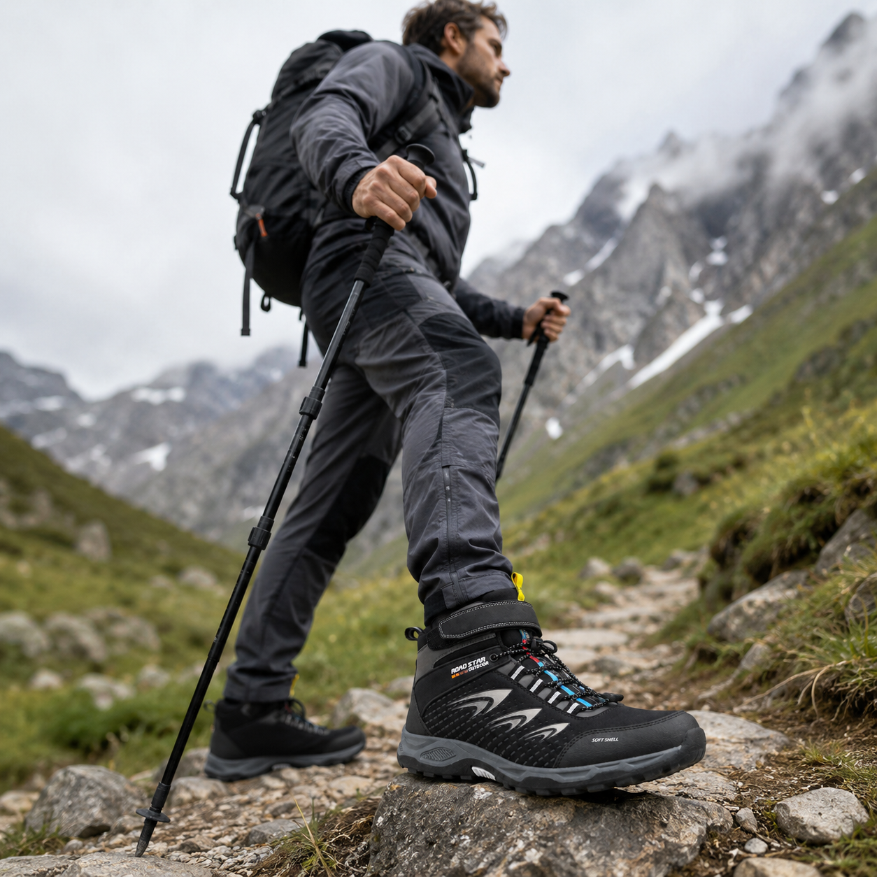 Men's black softshell waterproof hiking boots with quick-lace system worn on a mountain hiking trail, lightweight outdoor walking shoes with rugged grip sole.