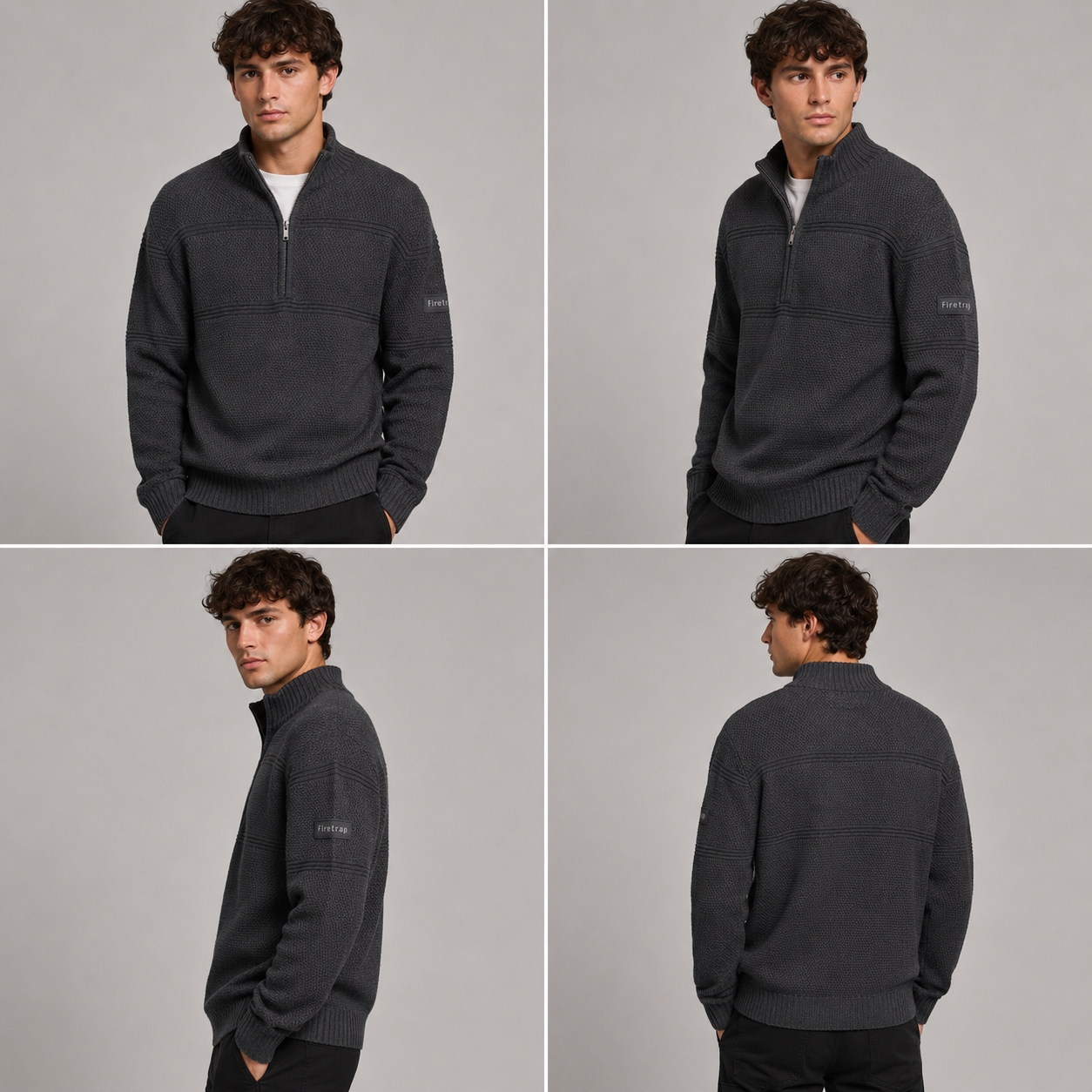 Men's Textured Half Zip Knit Jumper Funnel Neck Jumper