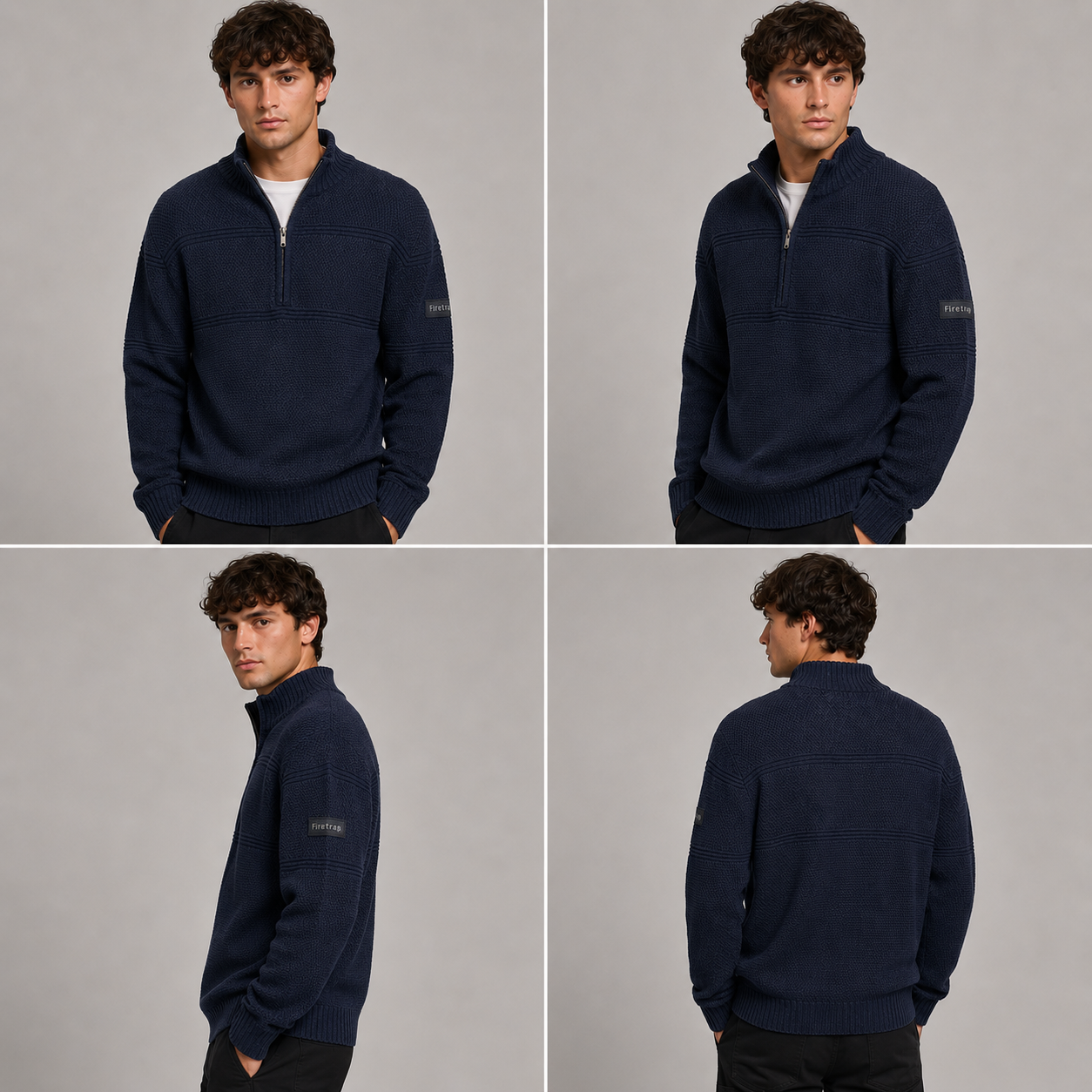 Men's Textured Half Zip Knit Jumper Funnel Neck Jumper