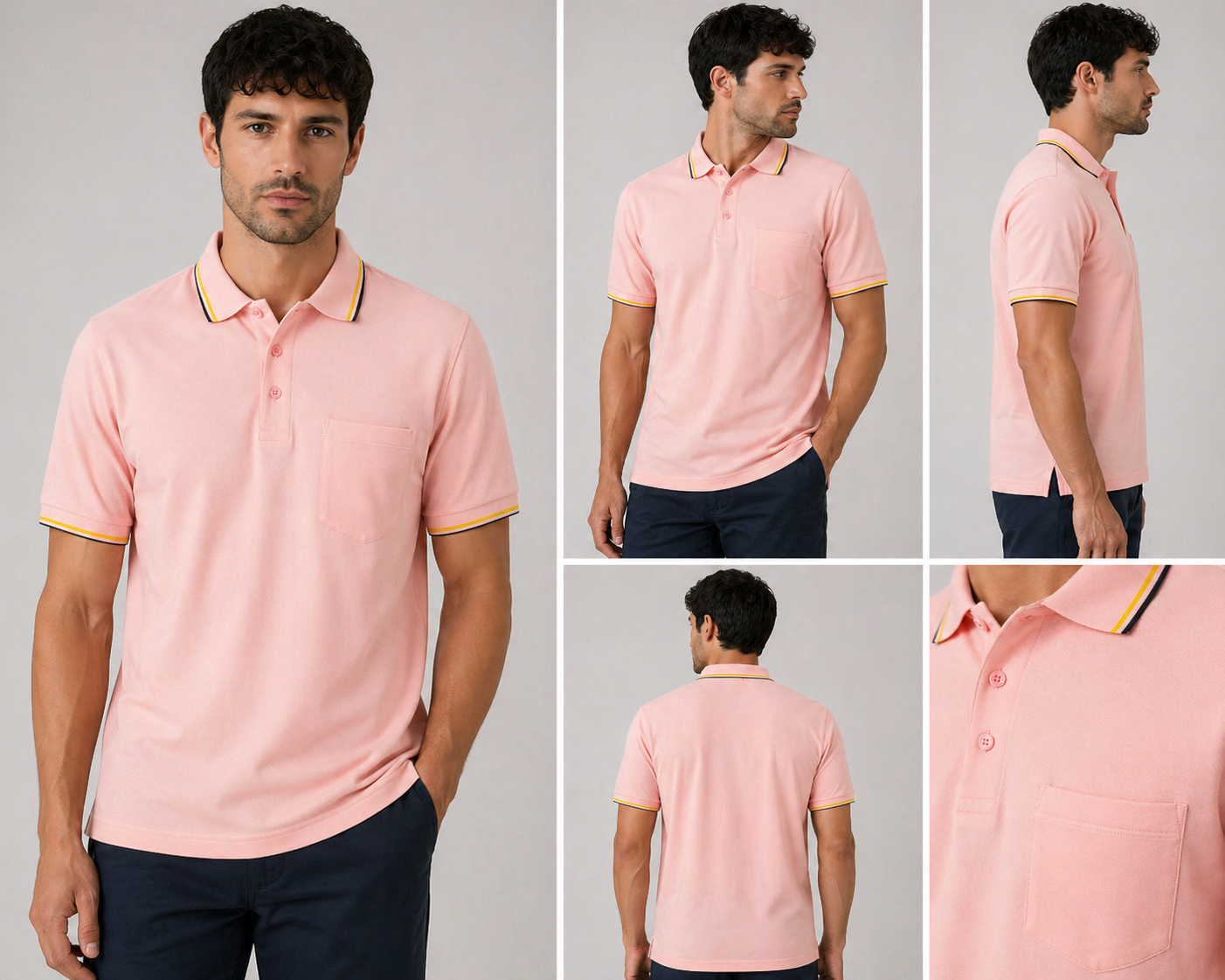 Men’s short sleeve polo shirt with tipped collar and chest pocket