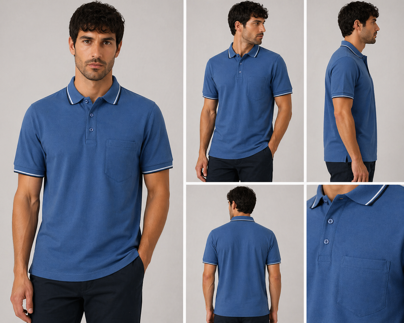 Men’s short sleeve polo shirt with tipped collar and chest pocket