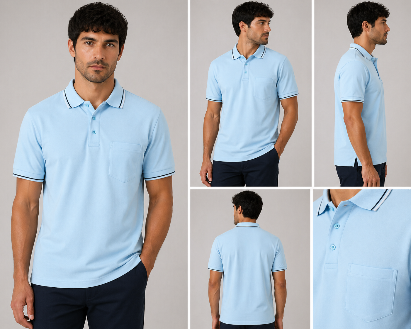 Men’s short sleeve polo shirt with tipped collar and chest pocket