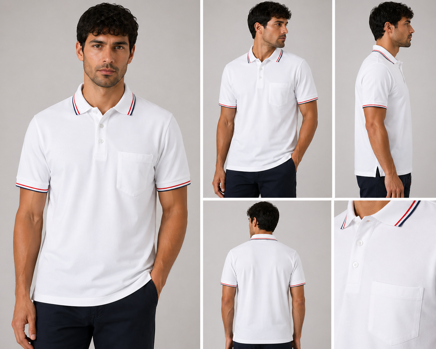 Men’s short sleeve polo shirt with tipped collar and chest pocket