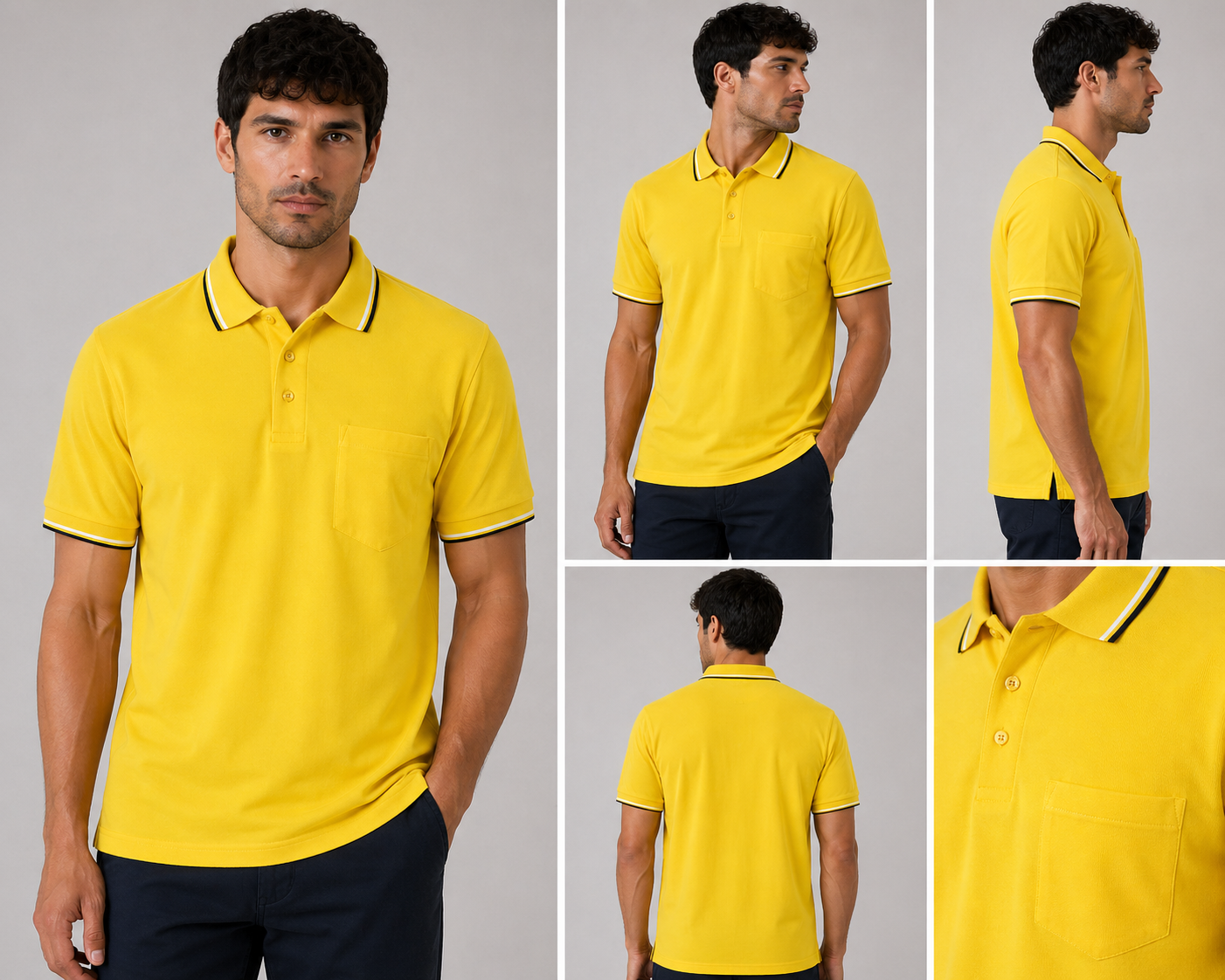 Men’s short sleeve polo shirt with tipped collar and chest pocket
