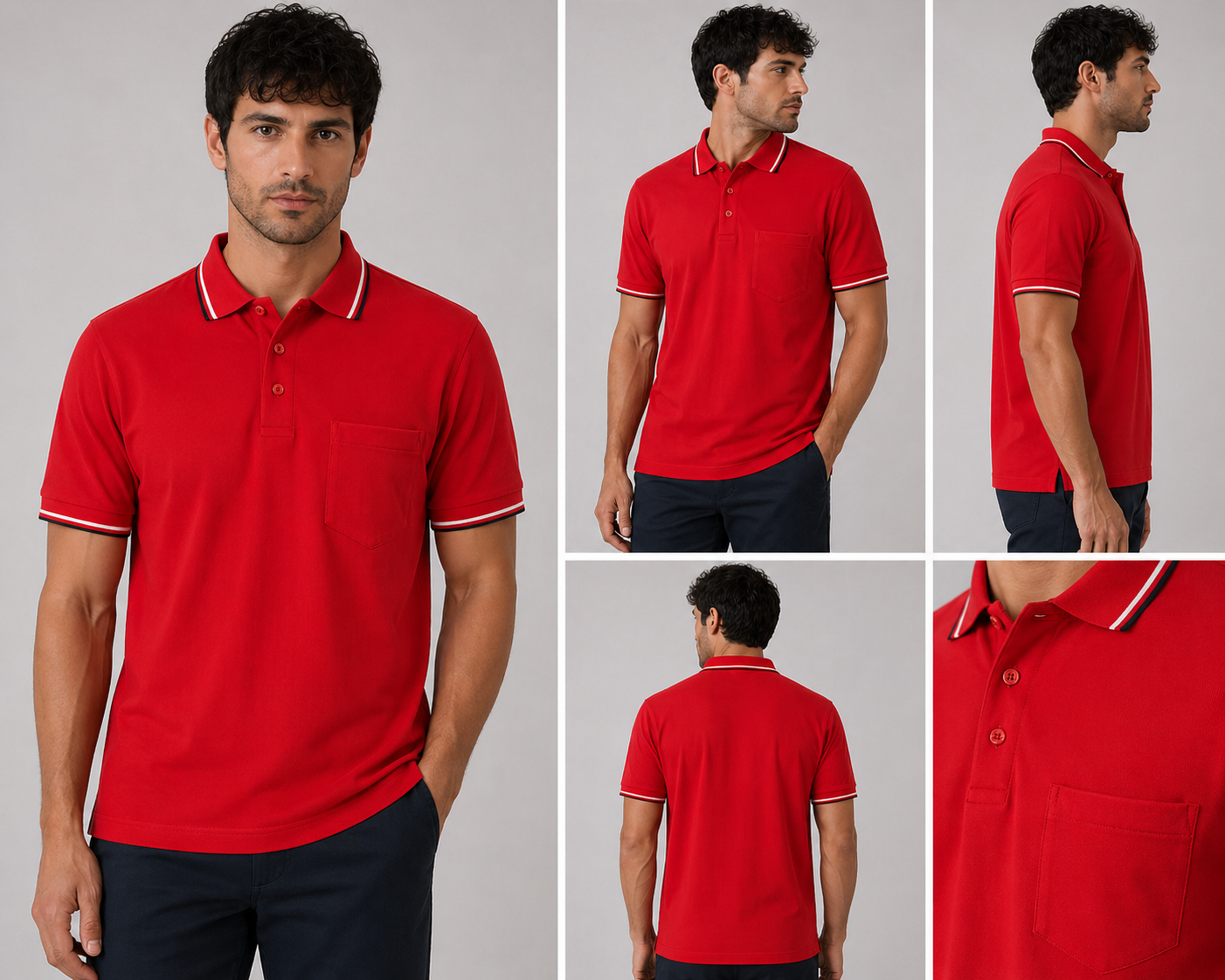 Men’s short sleeve polo shirt with tipped collar and chest pocket