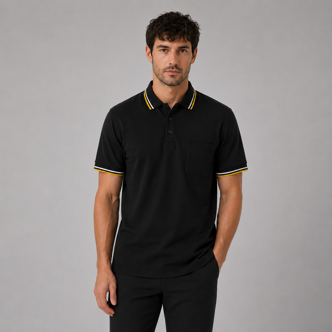 Men’s short sleeve polo shirt with tipped collar and chest pocket