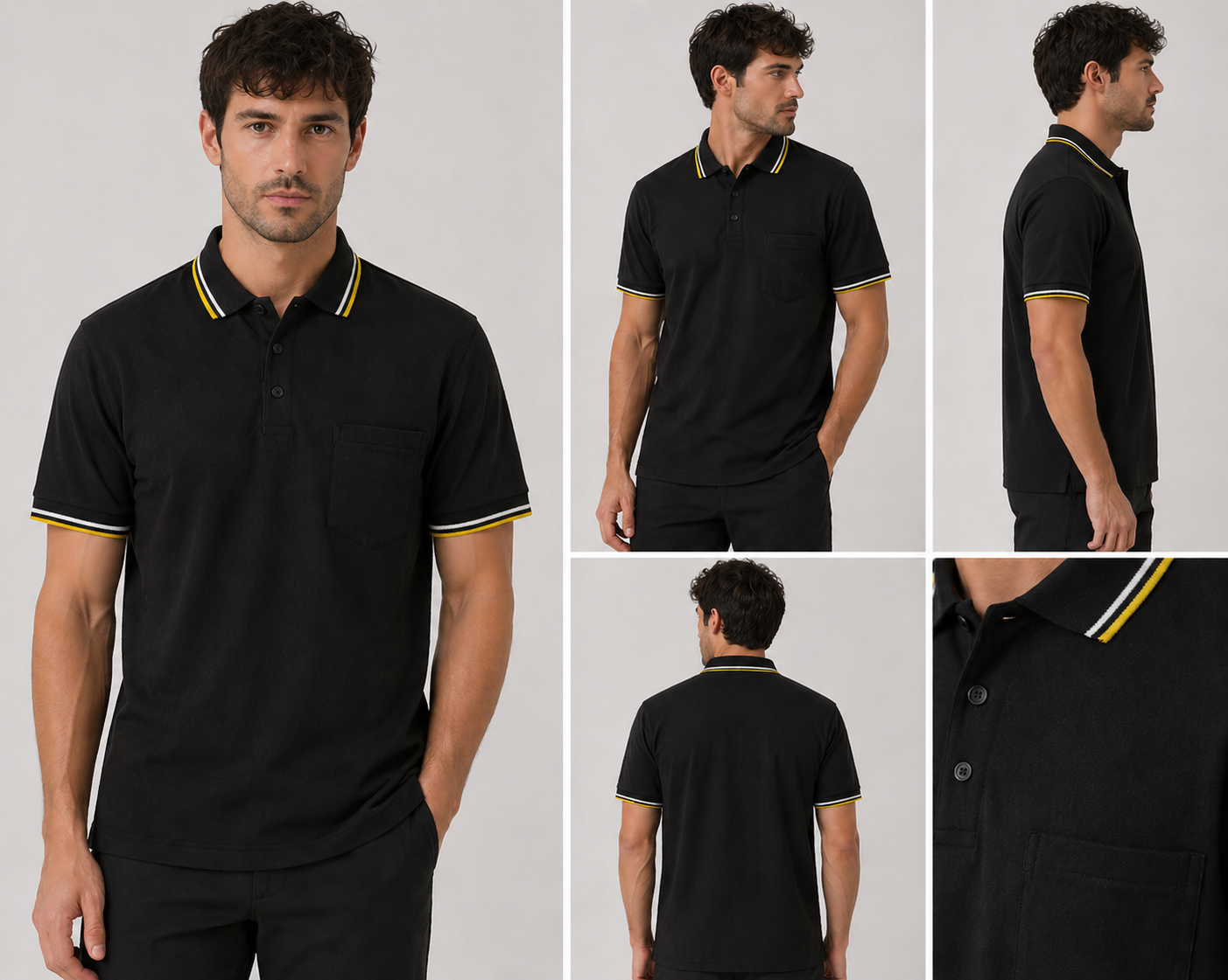 Men’s short sleeve polo shirt with tipped collar and chest pocket