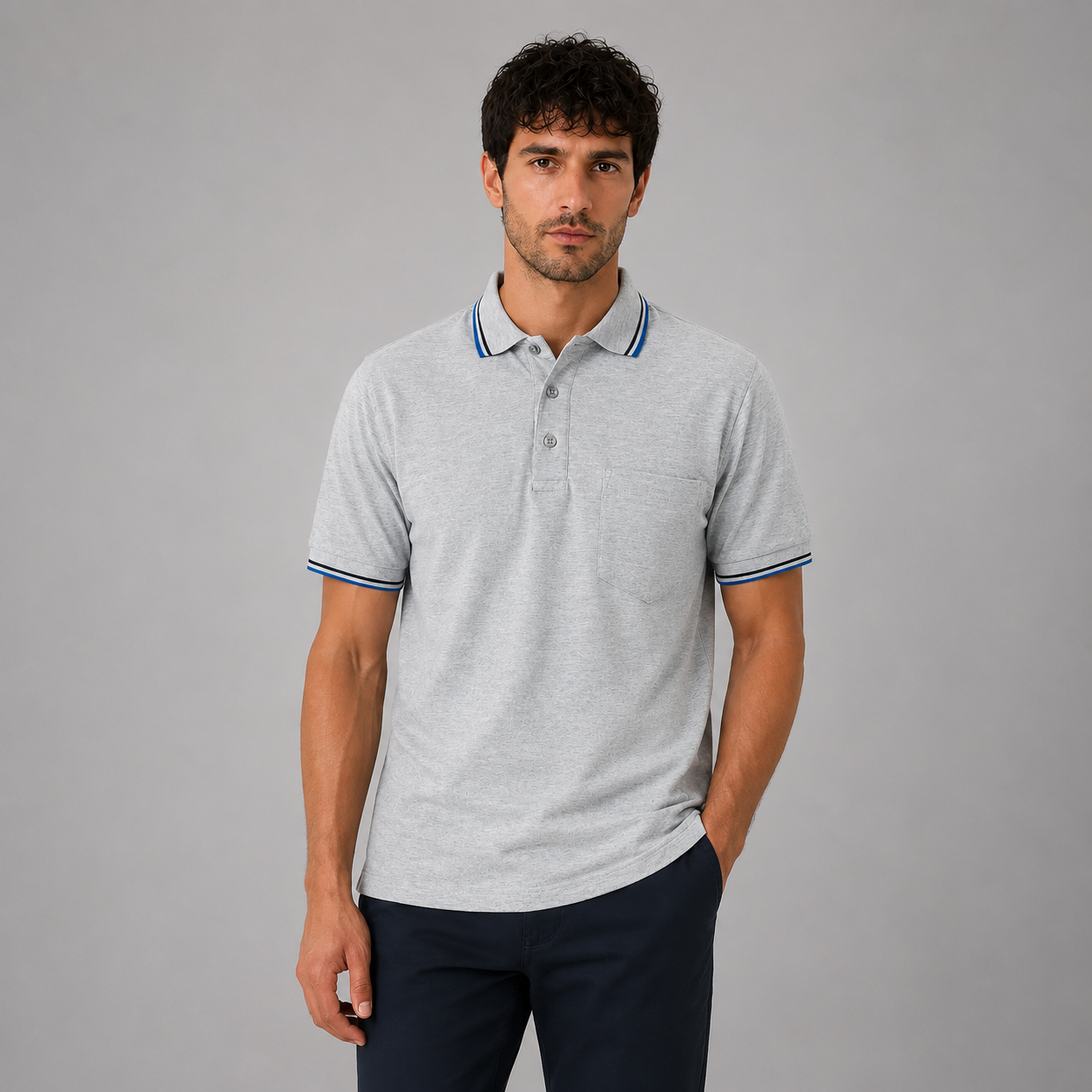 Men’s short sleeve polo shirt with tipped collar and chest pocket