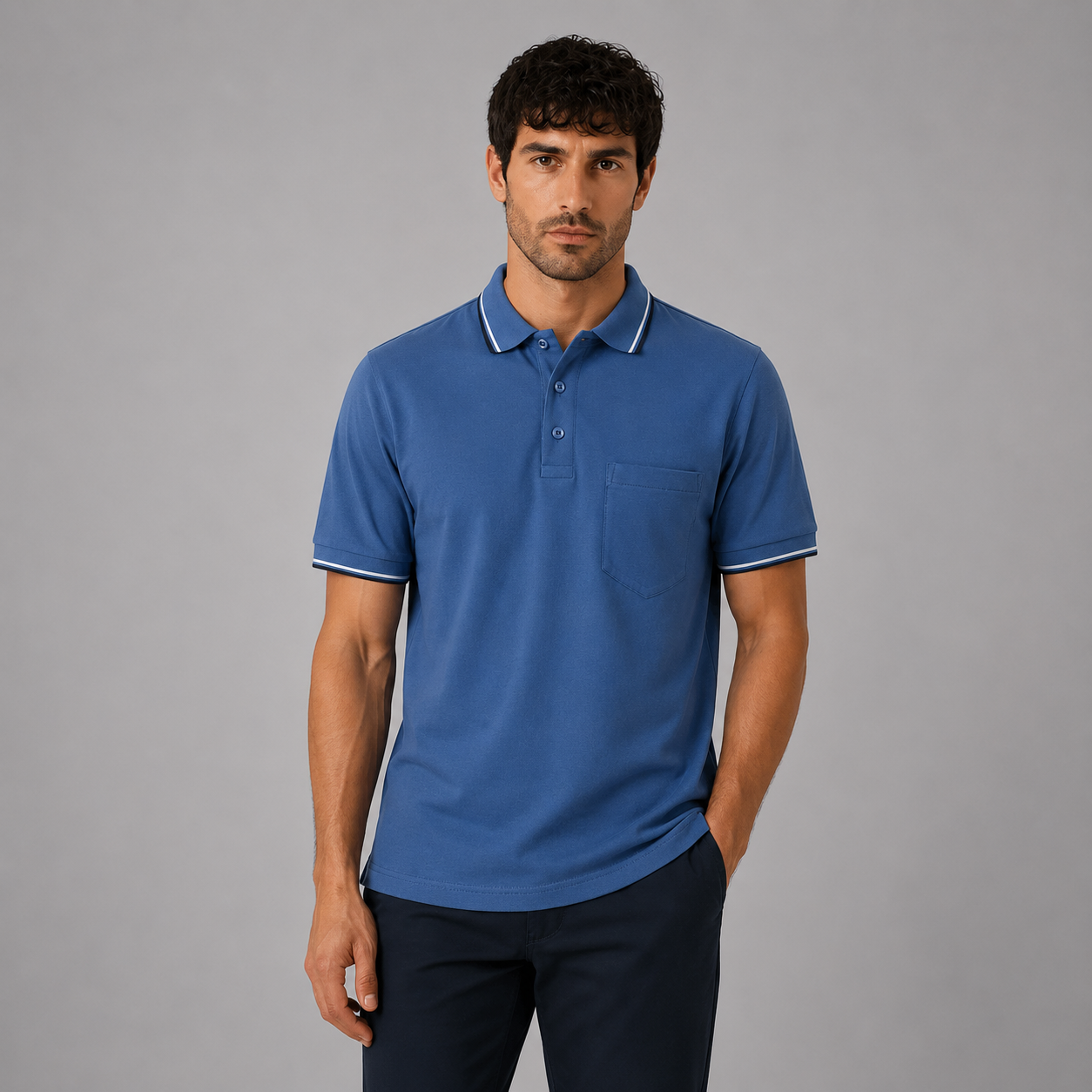 Men’s short sleeve polo shirt with tipped collar and chest pocket