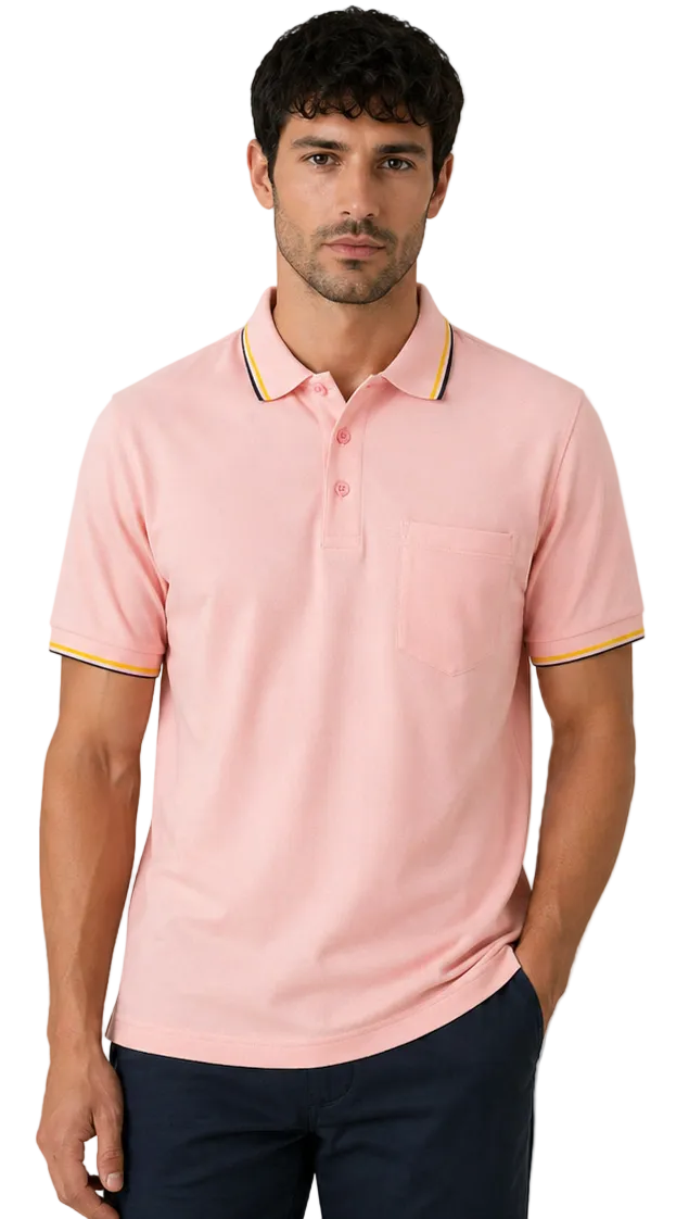 Men’s short sleeve polo shirt with tipped collar and chest pocket