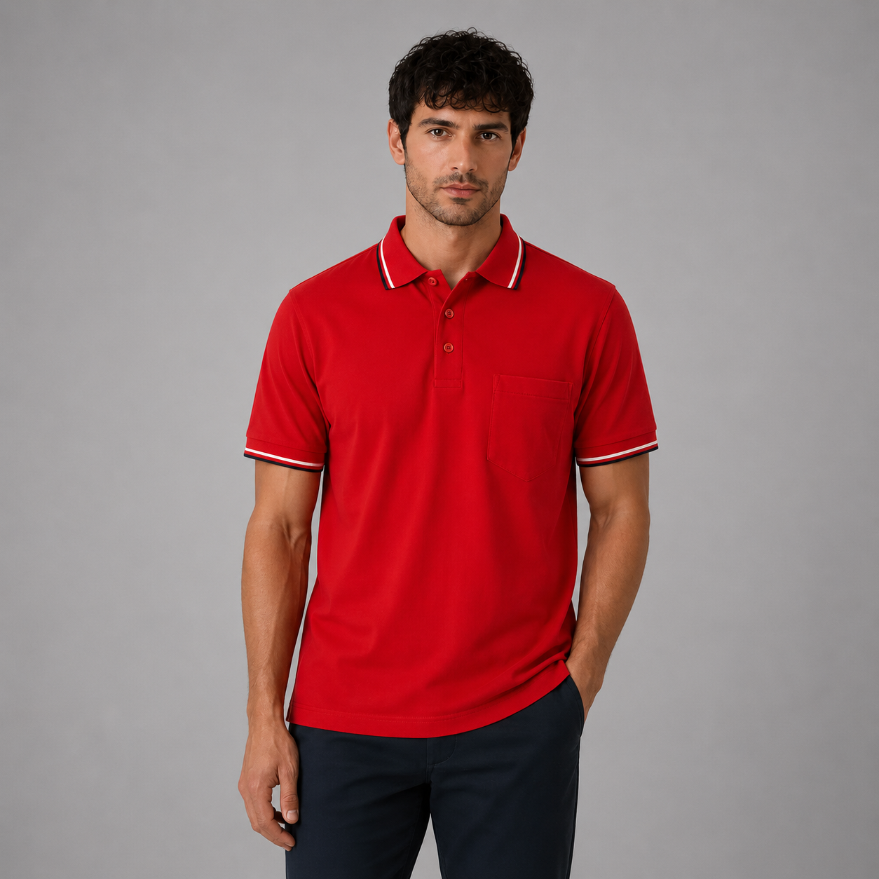 Men’s short sleeve polo shirt with tipped collar and chest pocket