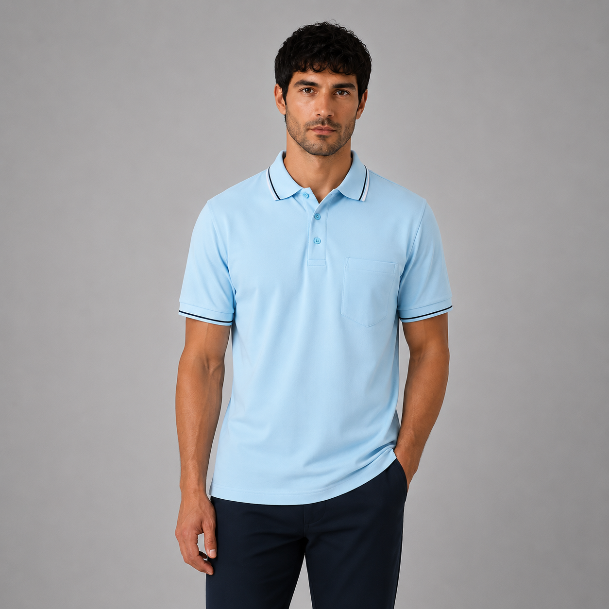 Men’s short sleeve polo shirt with tipped collar and chest pocket
