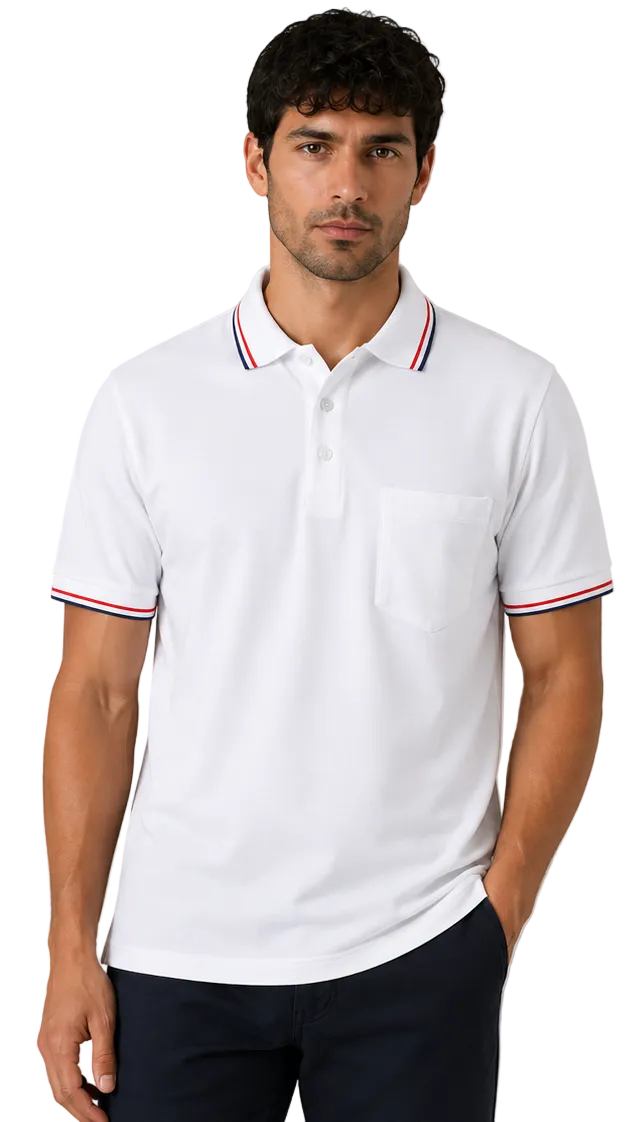 Men’s short sleeve polo shirt with tipped collar and chest pocket