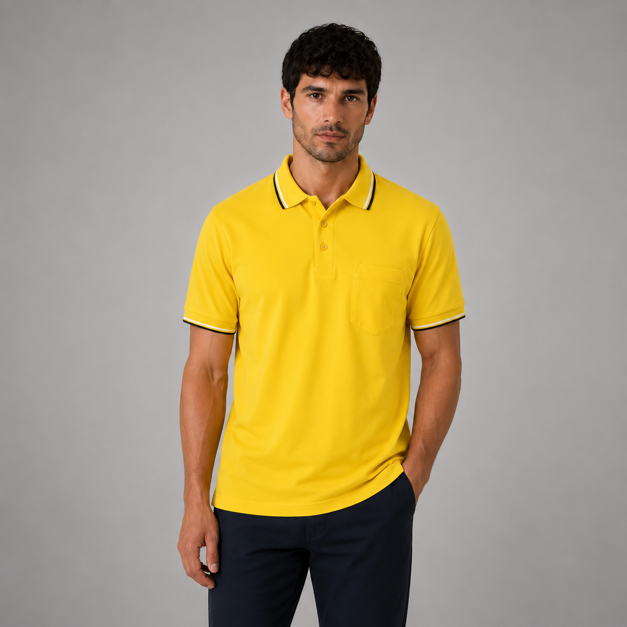 Men’s short sleeve polo shirt with tipped collar and chest pocket