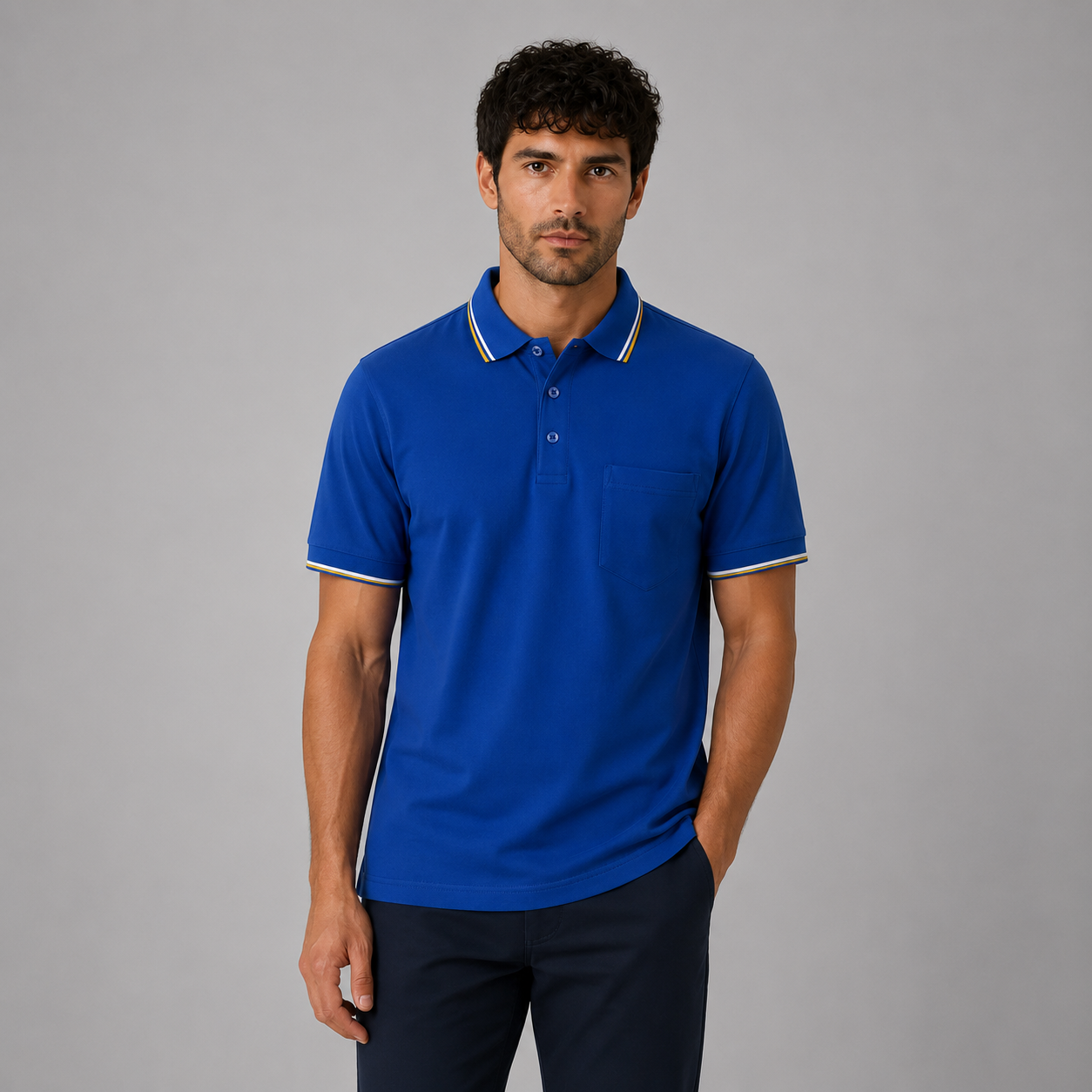 Men’s short sleeve polo shirt with tipped collar and chest pocket