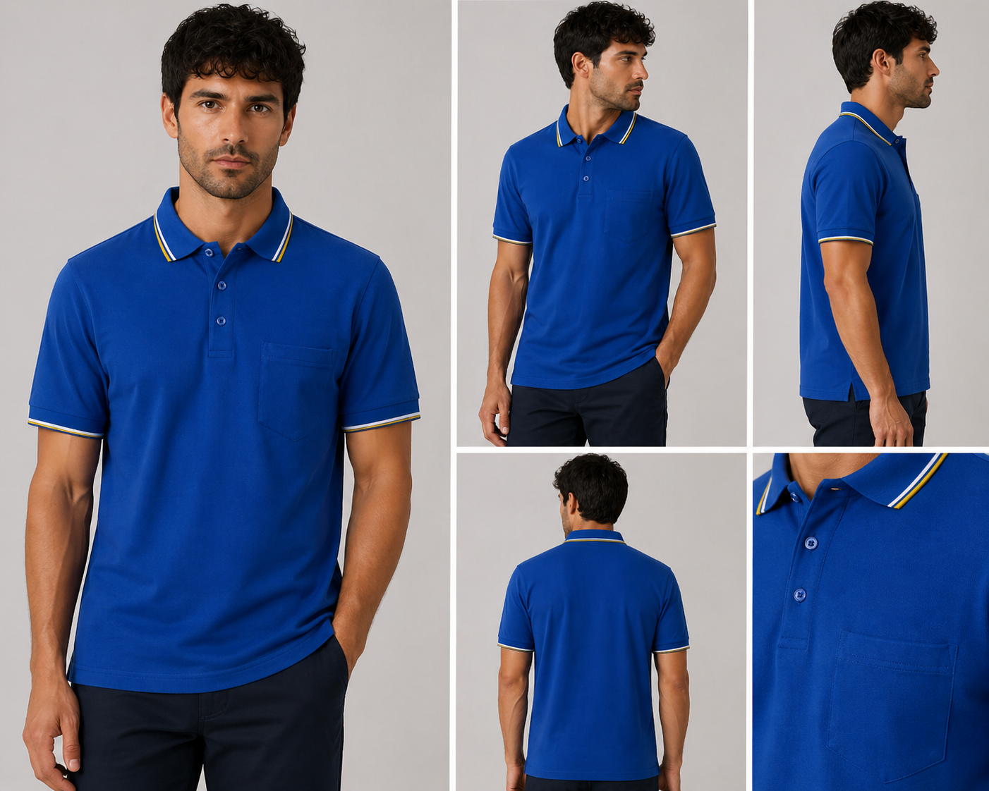 Men’s short sleeve polo shirt with tipped collar and chest pocket