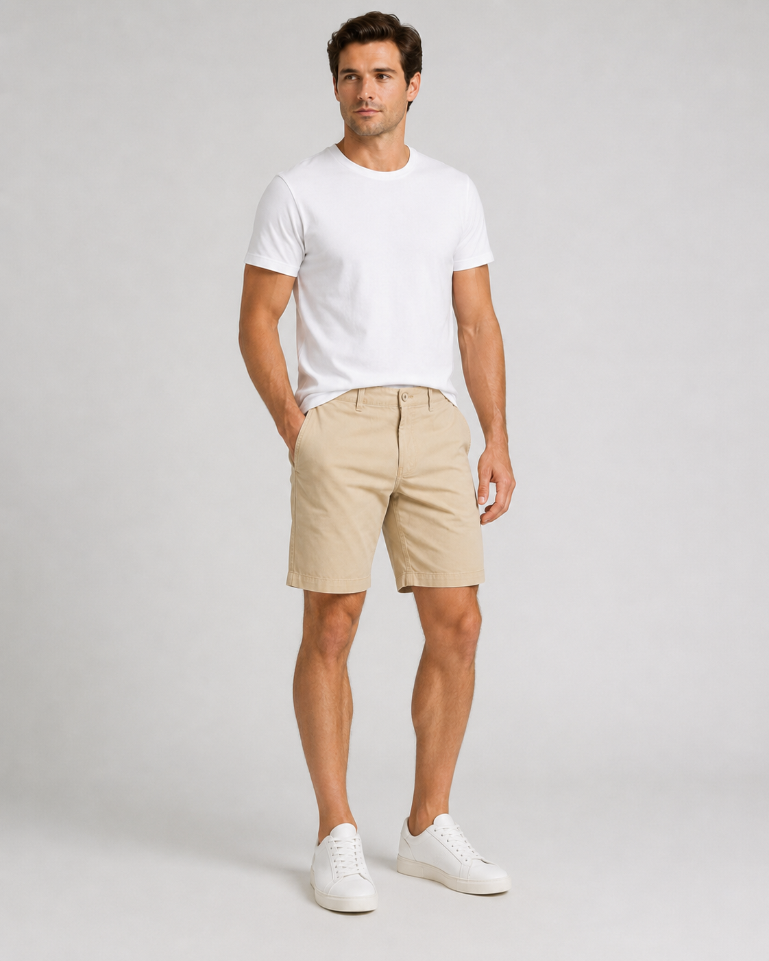 Men's beige chino shorts with white crew neck t-shirt and white sneakers
