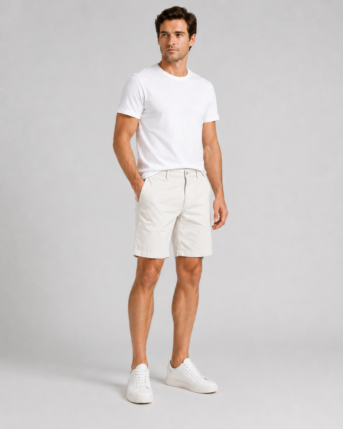 Men's white chino shorts styled with white crew neck t-shirt and sneakers