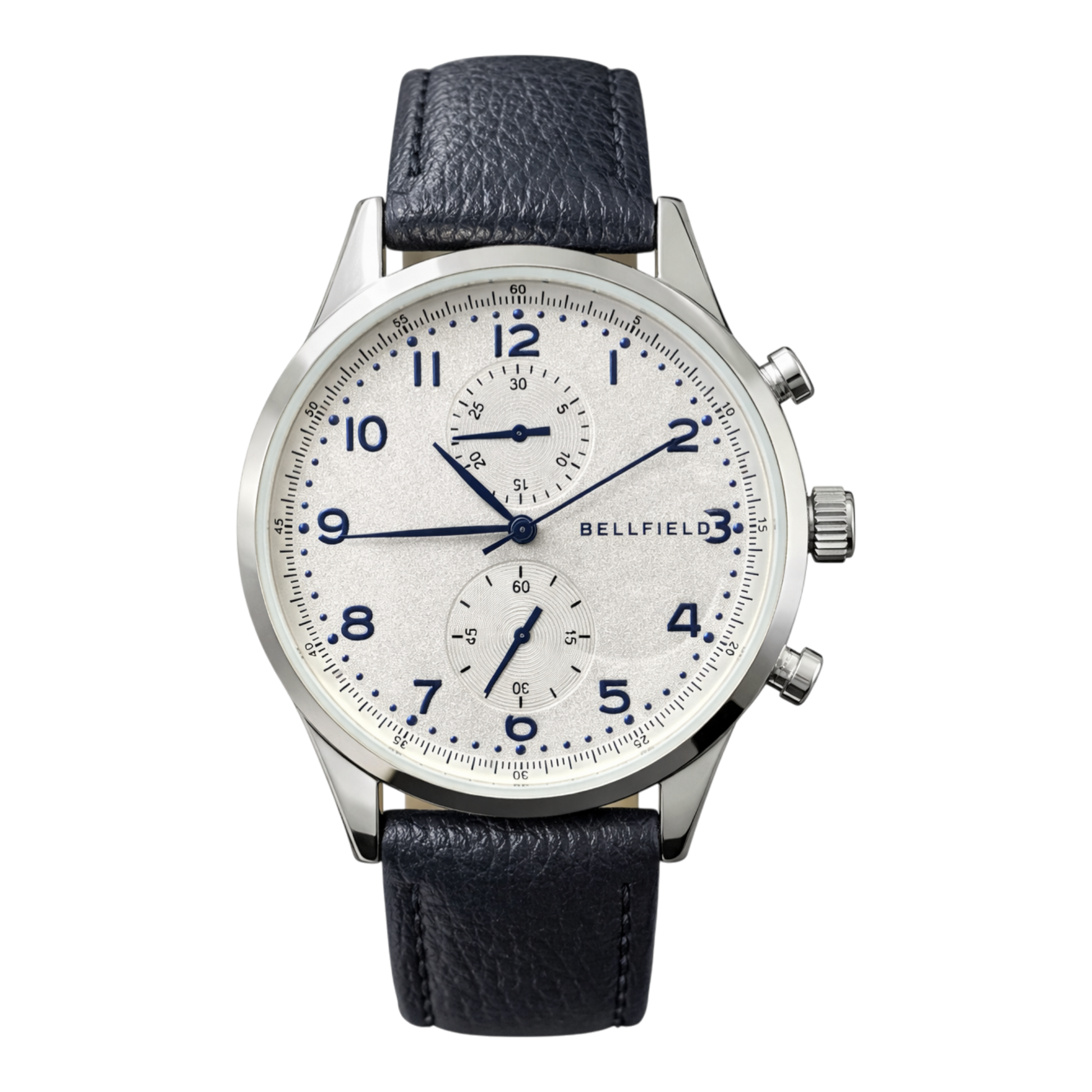 Bellfield men’s watch with white textured dial, blue numerals, sub-dials, and navy strap