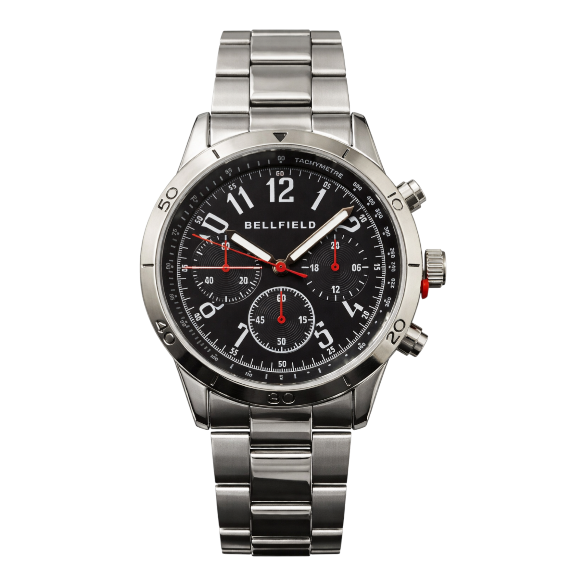 Bellfield men’s stainless steel chronograph watch with black dial, red accents, and metal bracelet