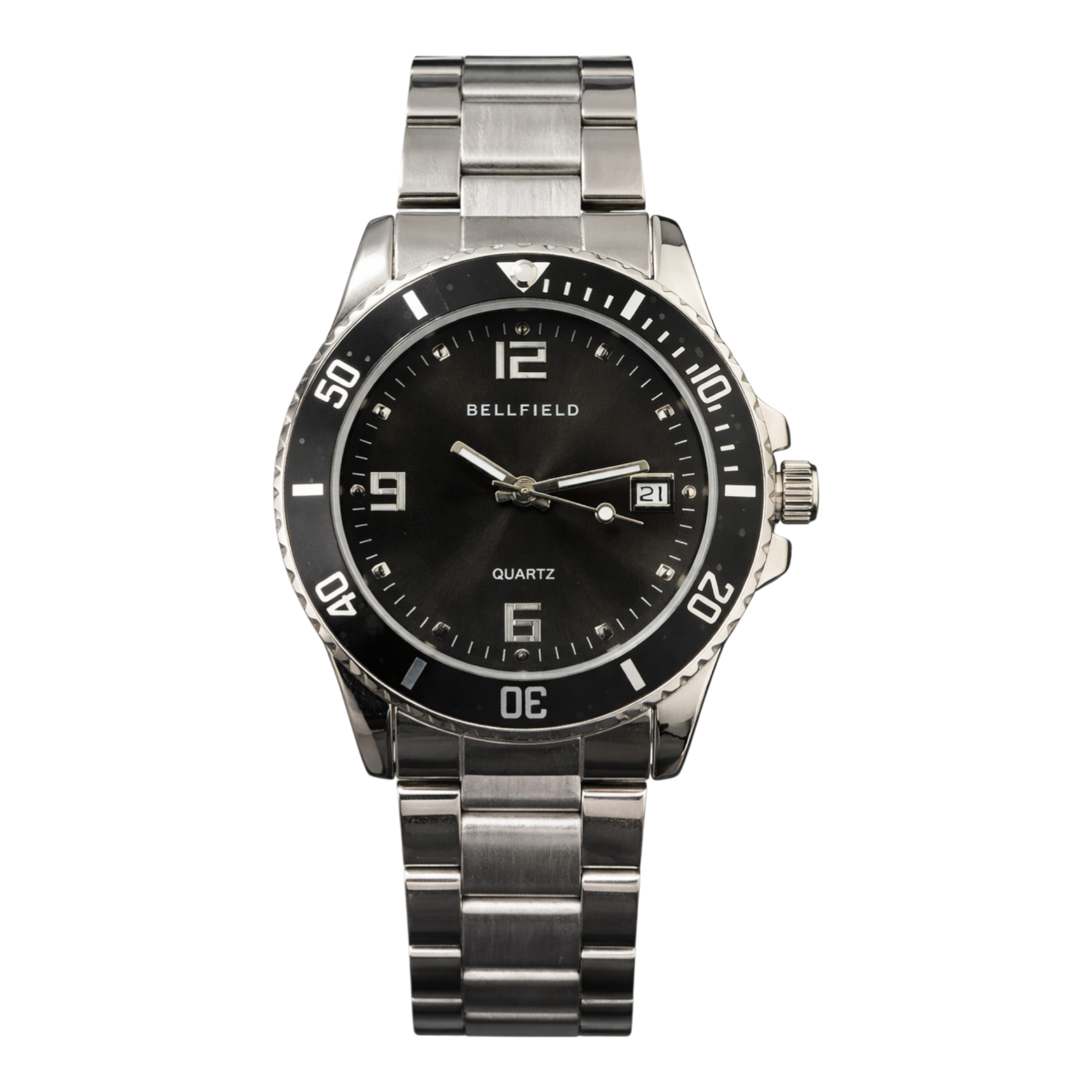 Bellfield men’s stainless steel watch with black dial, date window, and silver bracelet