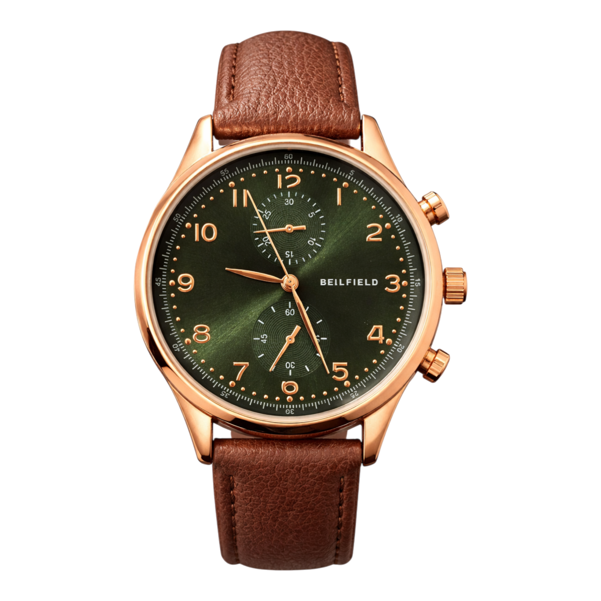 Bellfield green chronograph watch with rose gold case and brown leather LOOK strap