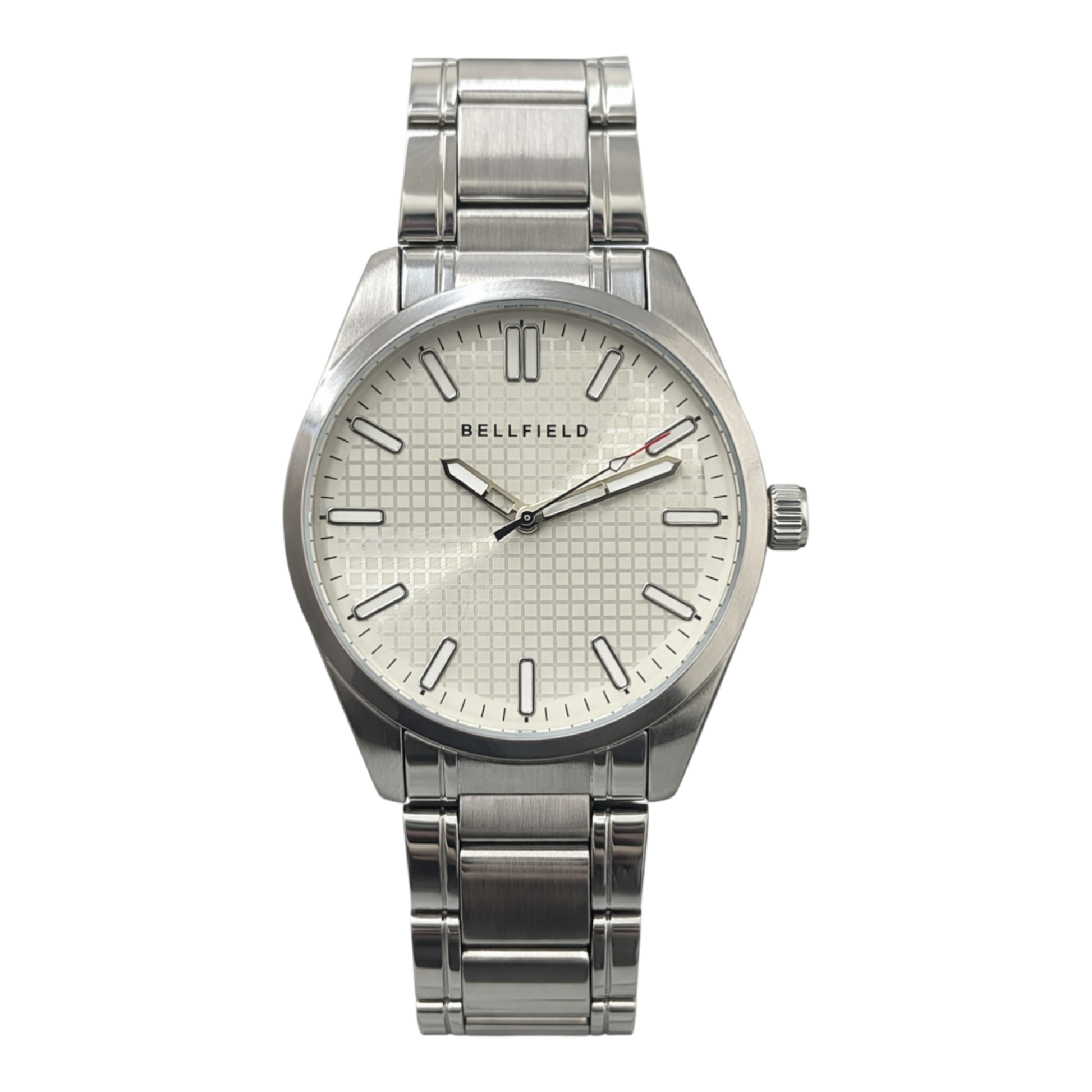 Close-up of a Bellfield wristwatch with a silver textured dial, minimalist markers, and a stainless steel bracelet