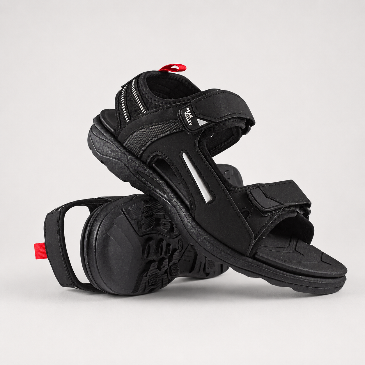Men's black Peak Valley outdoor sandals with rugged sole and adjustable Velcro straps – durable trekking and walking footwear