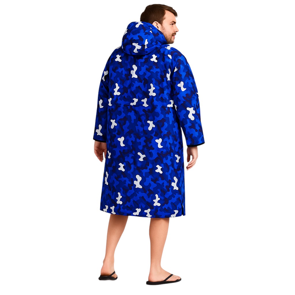 Adult blue camouflage waterproof changing robe with hood, front zip, and long sleeves