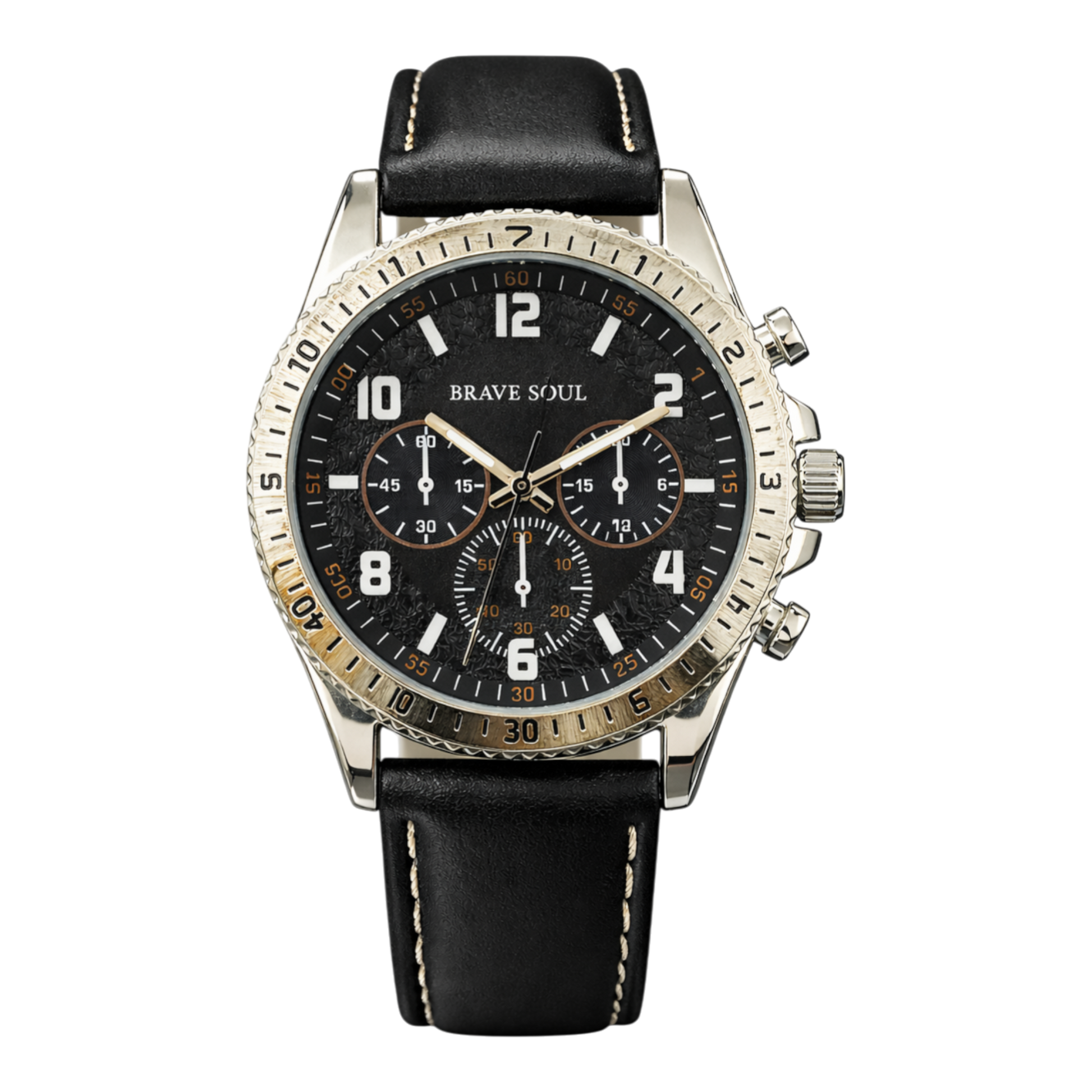 Brave Soul black chronograph watch with gold bezel and black leather look strap