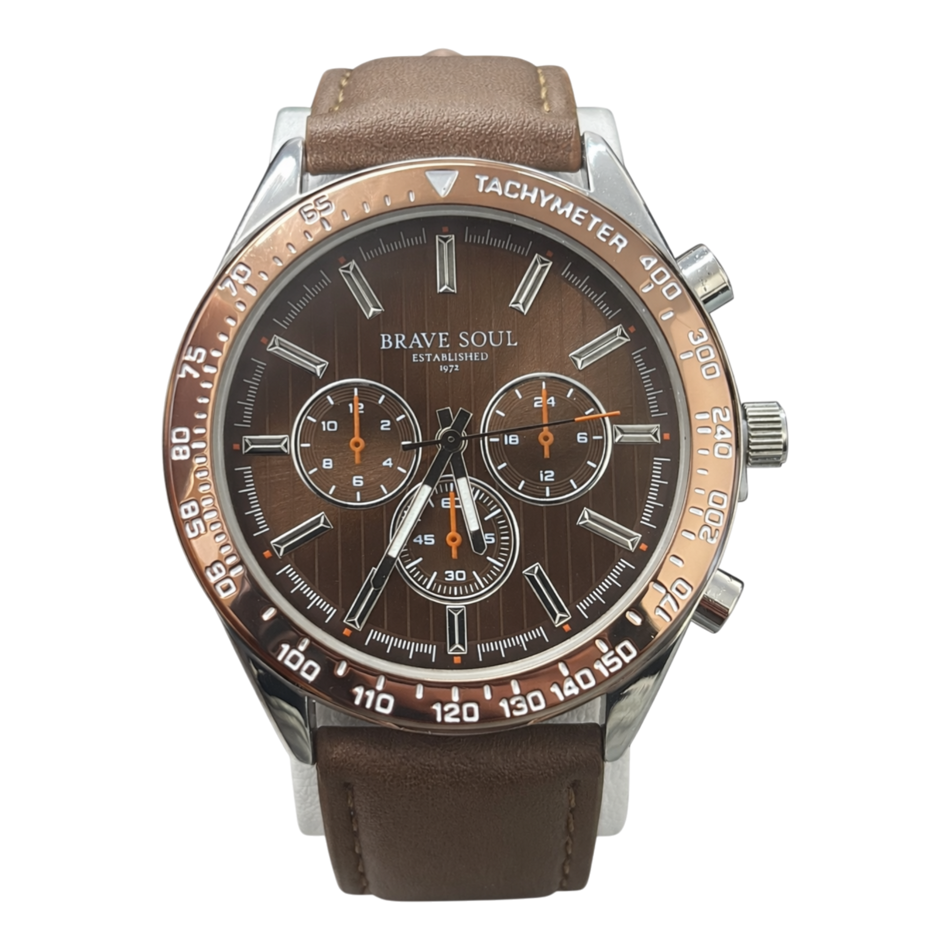 Brave Soul brown chronograph watch with silver case and brown leather look strap