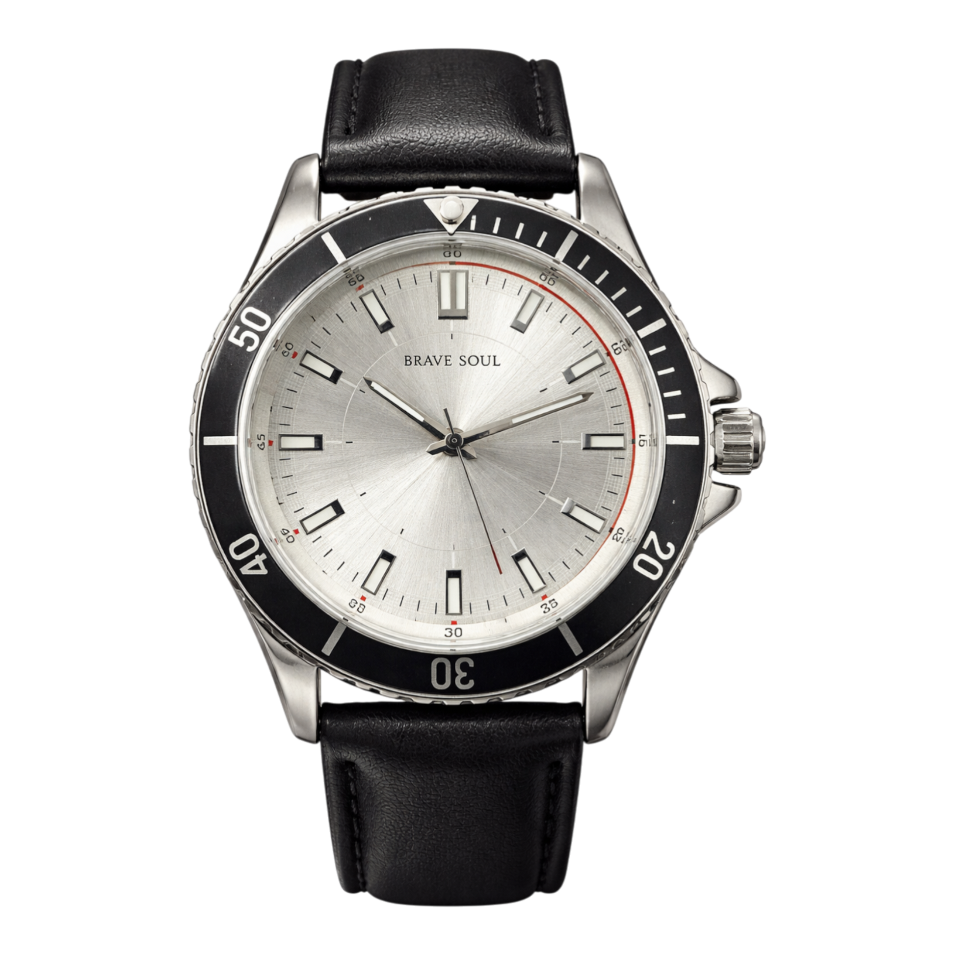 Men’s Brave Soul watch featuring a silver dial, black diver-style bezel, and black leather look strap