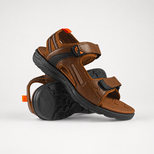 Men's brown Peak Valley outdoor sandals with rugged sole and adjustable Velcro straps – durable trekking and walking footwear