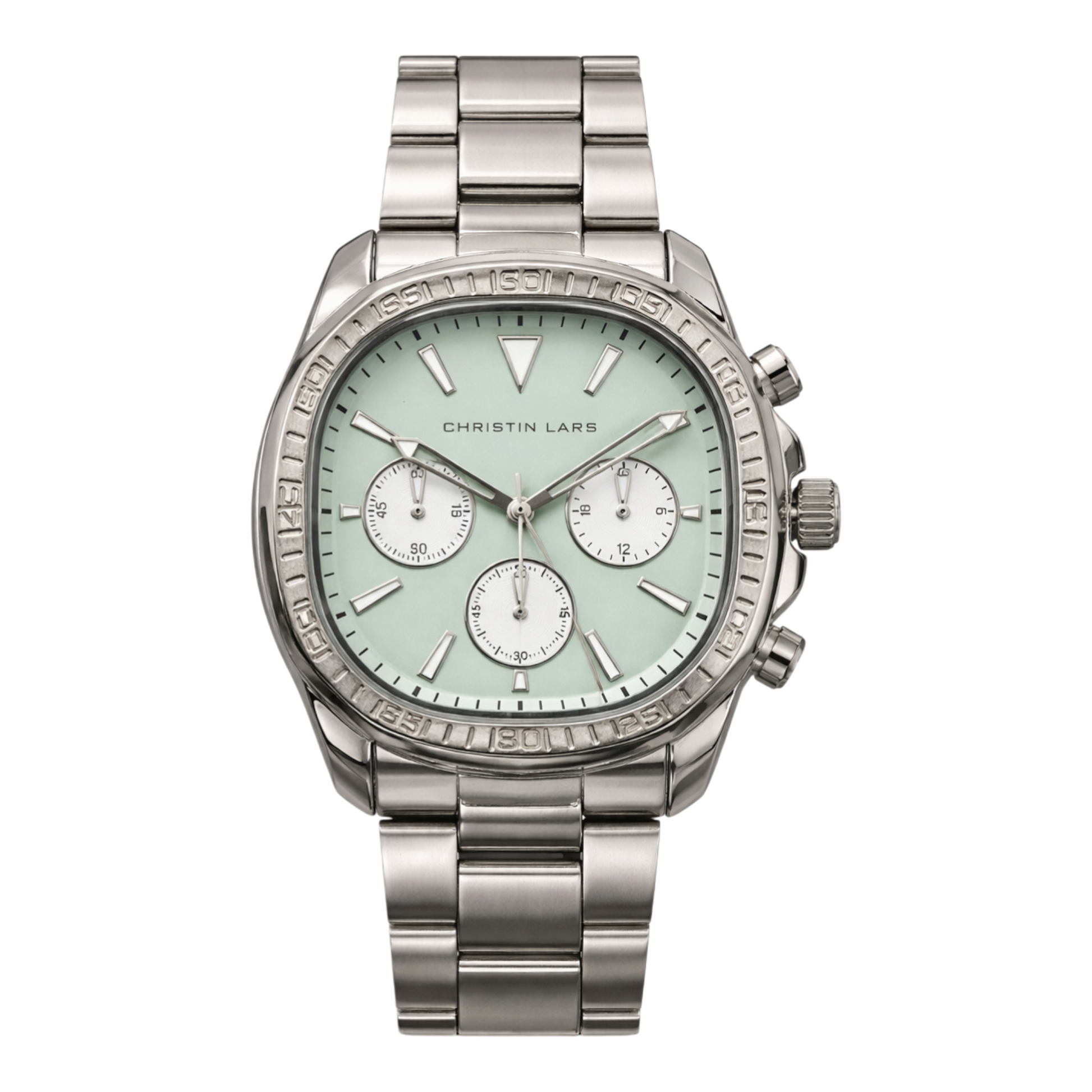 Christin Lars silver chronograph watch with mint green dial and stainless steel bracelet