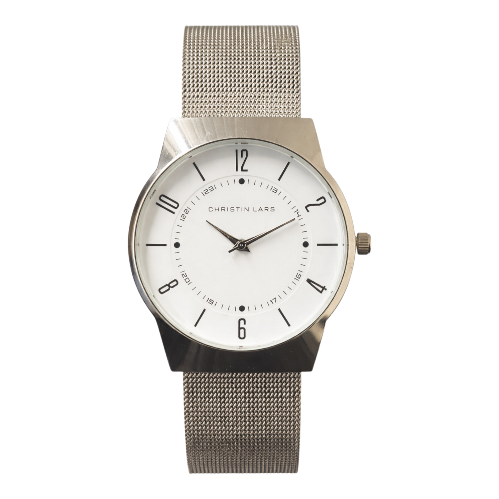 Christin Lars silver mesh watch with white dial and stainless steel strap