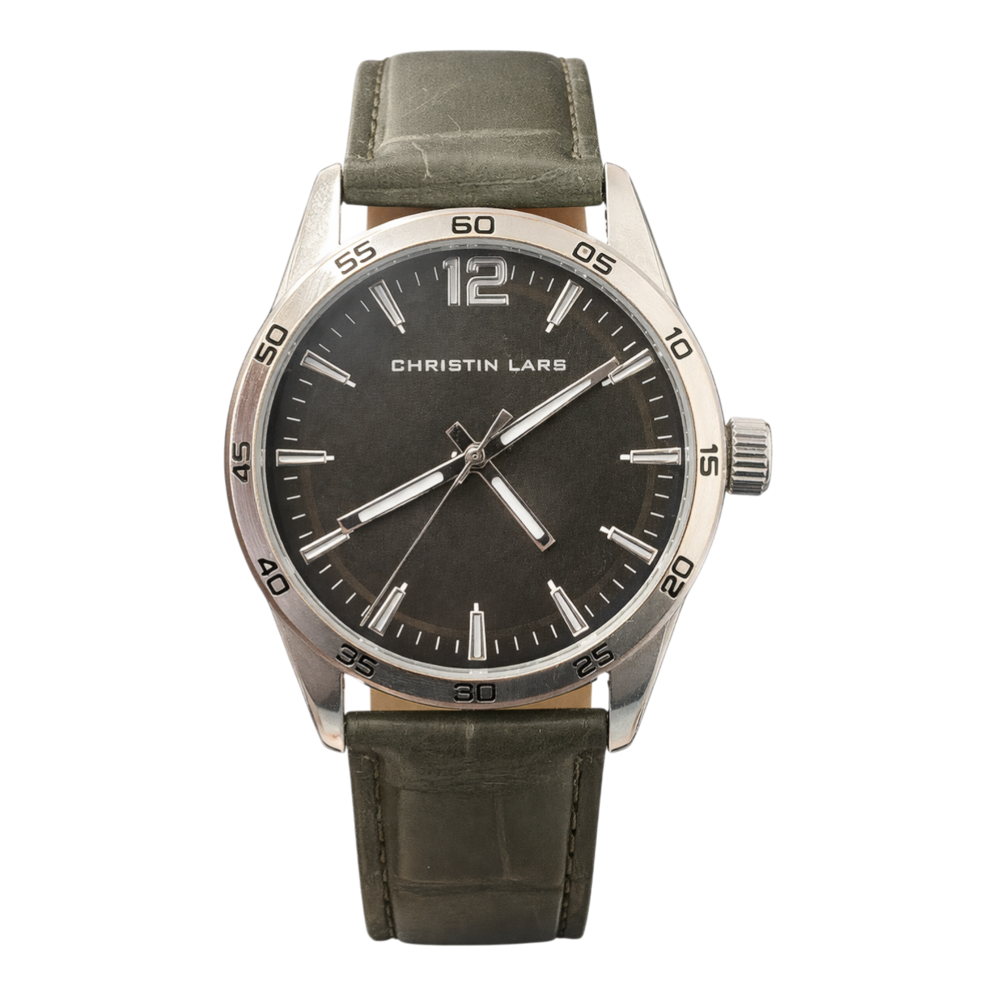 Christin Lars charcoal watch with khaki leather look strap and silver case